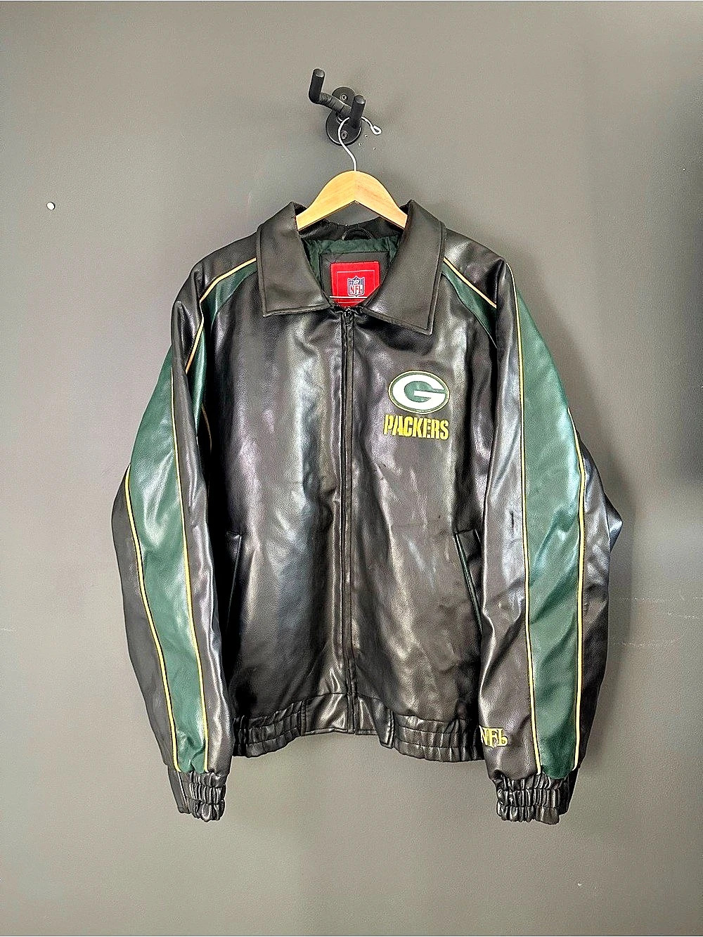 Vintage NFL Green Bay Packers Leather Jacket Bomber Full Zip Mens Size XXL
